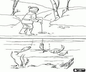 desenho de Um menino pescando num rio gelado para colorir