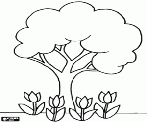 desenho de Uma árvore com tulipas em torno para colorir