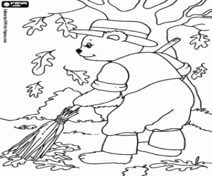 desenho de Urso jardineiro e folhas secas para colorir