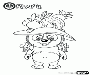 desenho de Um urso panda com um chapéu com frutas para colorir