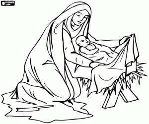 desenho de Virgem Maria com o menino Jesus para colorir