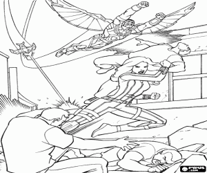 desenho de Viúva Negra e Falcão em ação para colorir