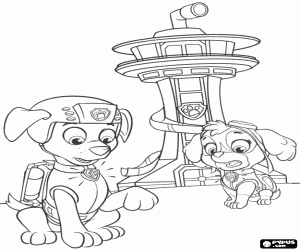 desenho de Zuma e Skye e o sinal de alarme para colorir