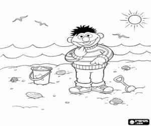 desenho de Ênio brincando com areia na praia para colorir
